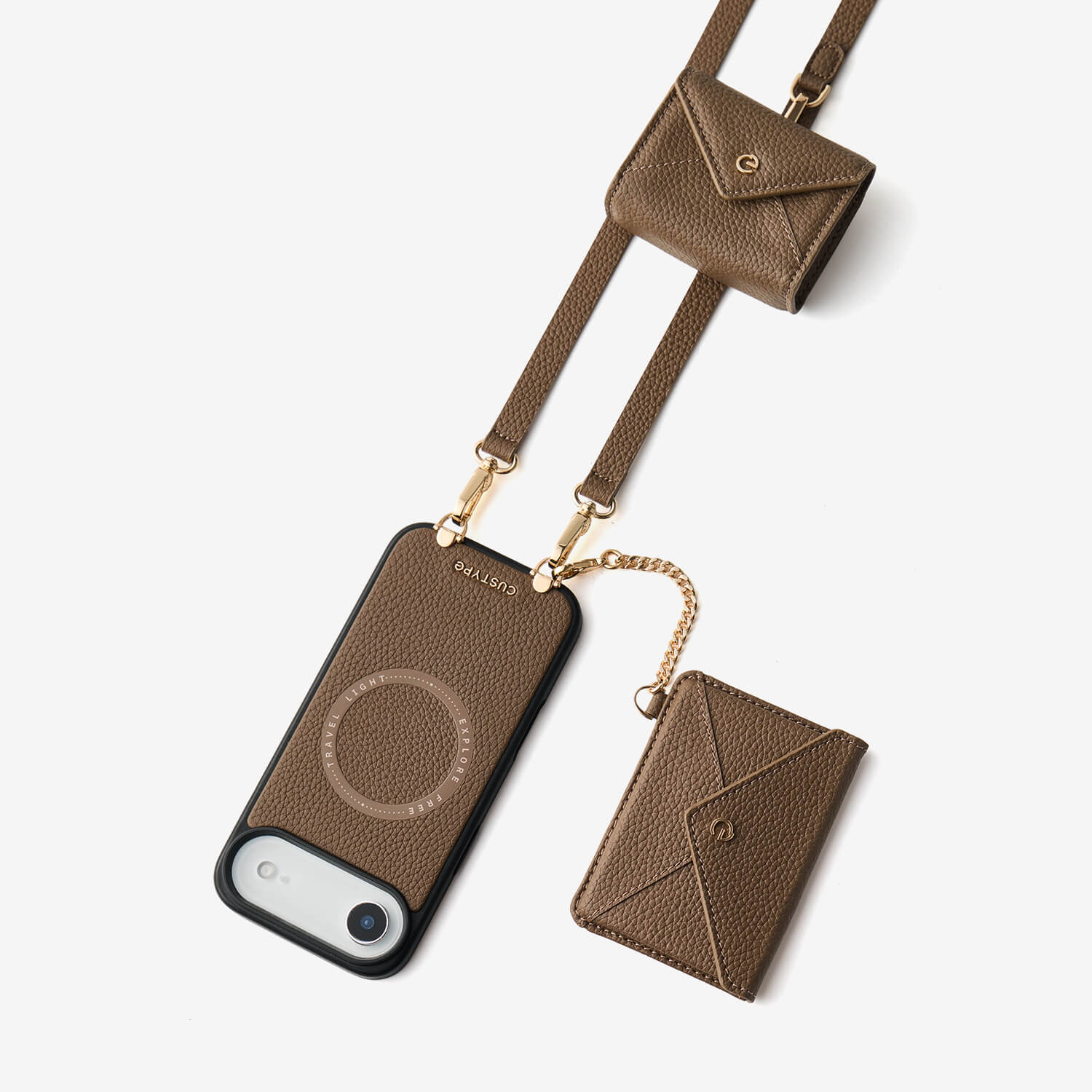 Elegant Mocha iPhone 17 Air case with envelope wallet and AirPods pouch for vacation