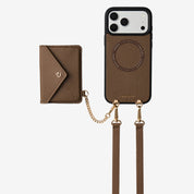 iPhone 17 Pro Max leather wallet case with crossbody strap and envelope-inspired design for vacations and everyday essentials