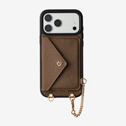 Elegant mocha iPhone 17 Pro Max case with envelope wallet and gold-tone chain detail for daily carry