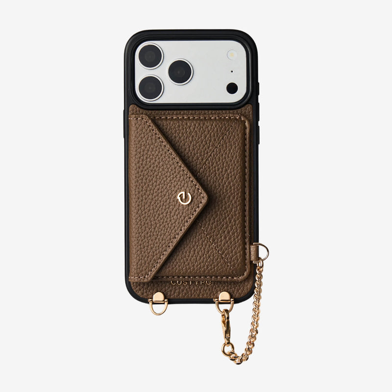 Elegant mocha iPhone 17 Pro Max case with envelope wallet and gold-tone chain detail for daily carry