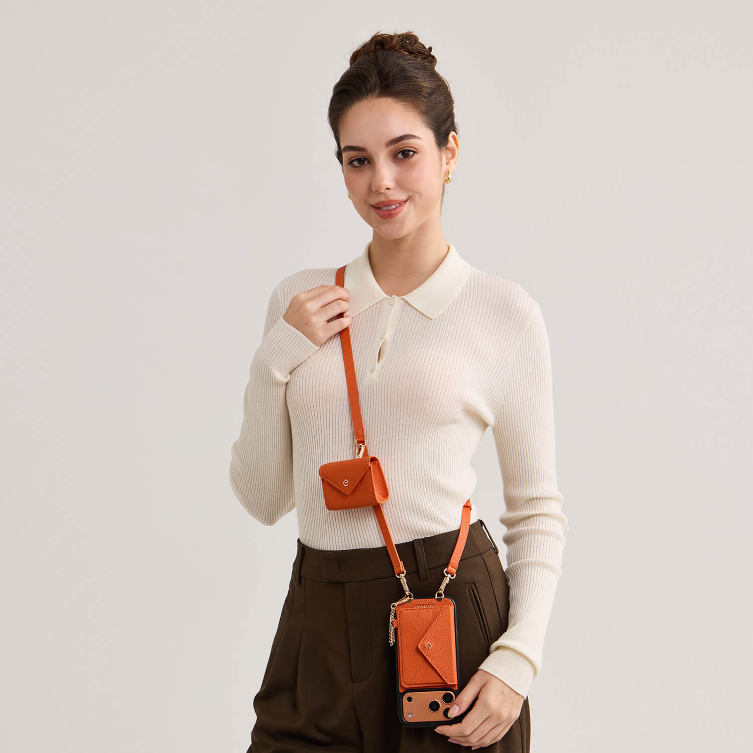 Orange iPhone 17 Pro Max MagSafe envelope wallet phone case with detachable magnetic wallet and mini pouch for daily outings