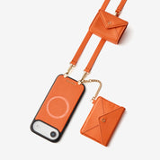 Orange leather iPhone 17 Air case designed with envelope wallet and Airpods pouch for commuting and travel