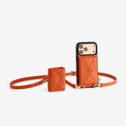 Orange iPhone 18 Pro wallet case with envelope wallet, Airpods pouch and crossbody strap for dog walking, errands and everyday activities