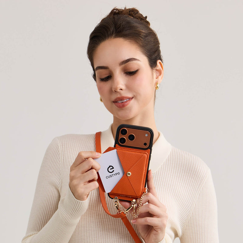 Orange leather iPhone 17 pro magsafe case with detachable wallet for keeping cards organized and accessible