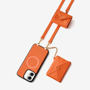 Stylish orange iPhone 18 crossbody case with envelope-inspired accessories for dog walking, commuting and outdoor use
