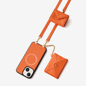 Elegant orange iPhone 15 case with envelope wallet and AirPods pouch for commuting and daily outings