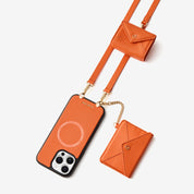 Orange iPhone 16 Pro Max case with envelope wallet and pouch accessories for keeping essentials organized