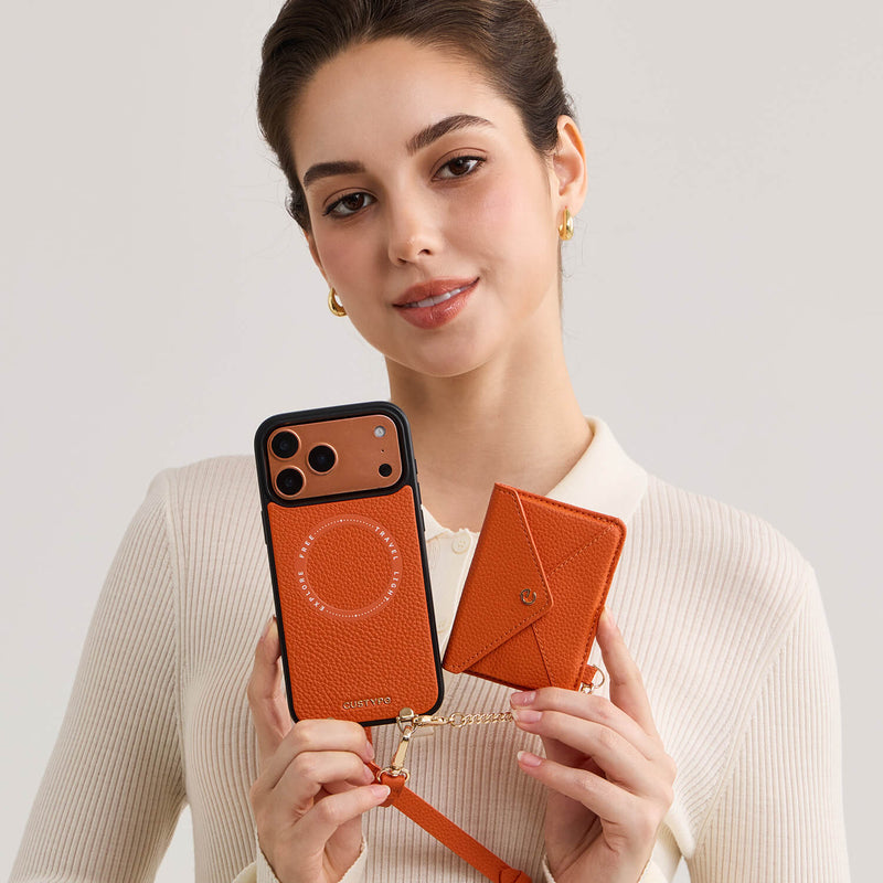 Orange magsafe iPhone 17 pro max wallet phone case with detachable magnetic card holder for daily outings