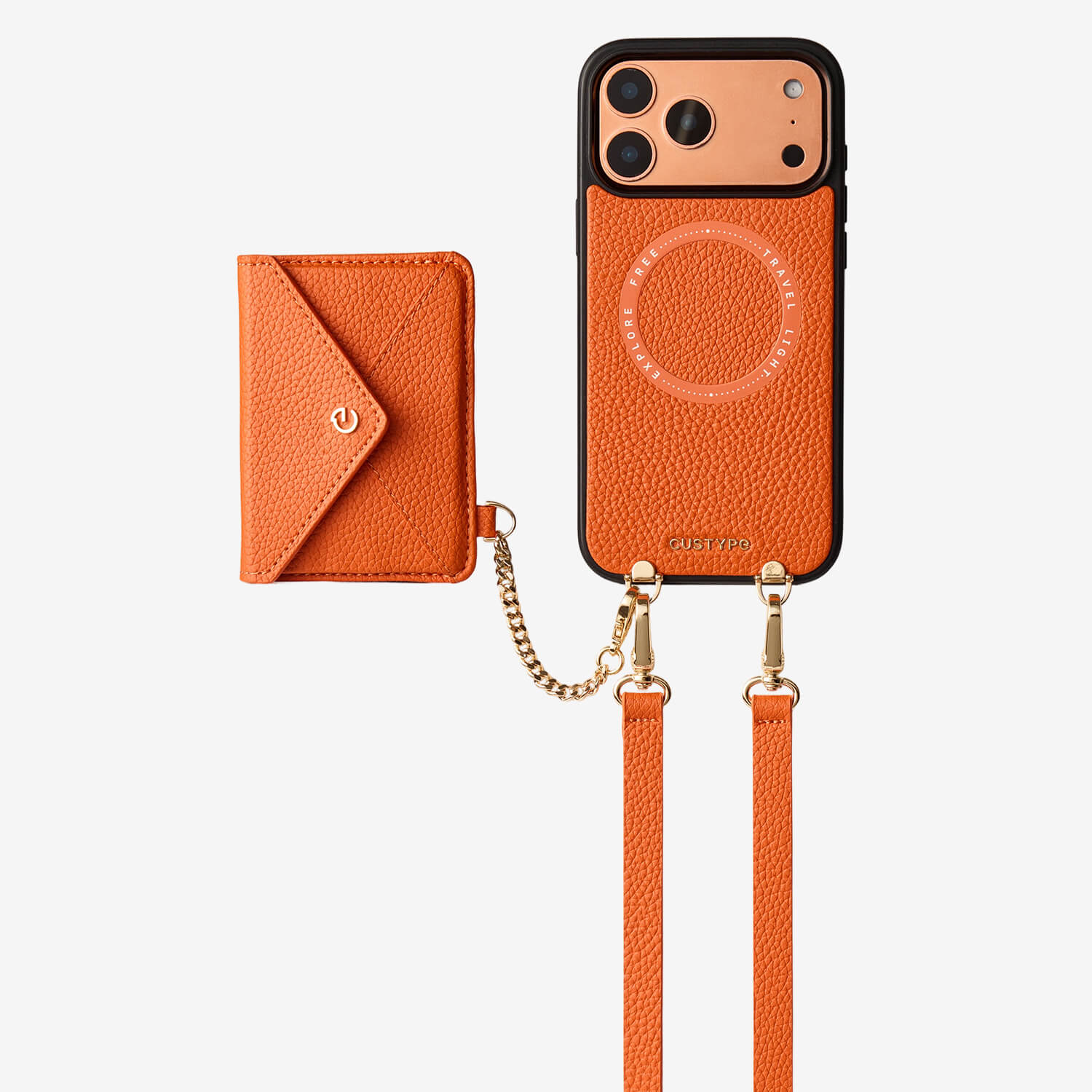 Orange leather iPhone 17 Pro Max wallet case featuring an envelope-inspired wallet and strap for shopping and errands