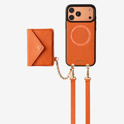 Orange leather iPhone 17 Pro Max wallet case featuring an envelope-inspired wallet and strap for shopping and errands