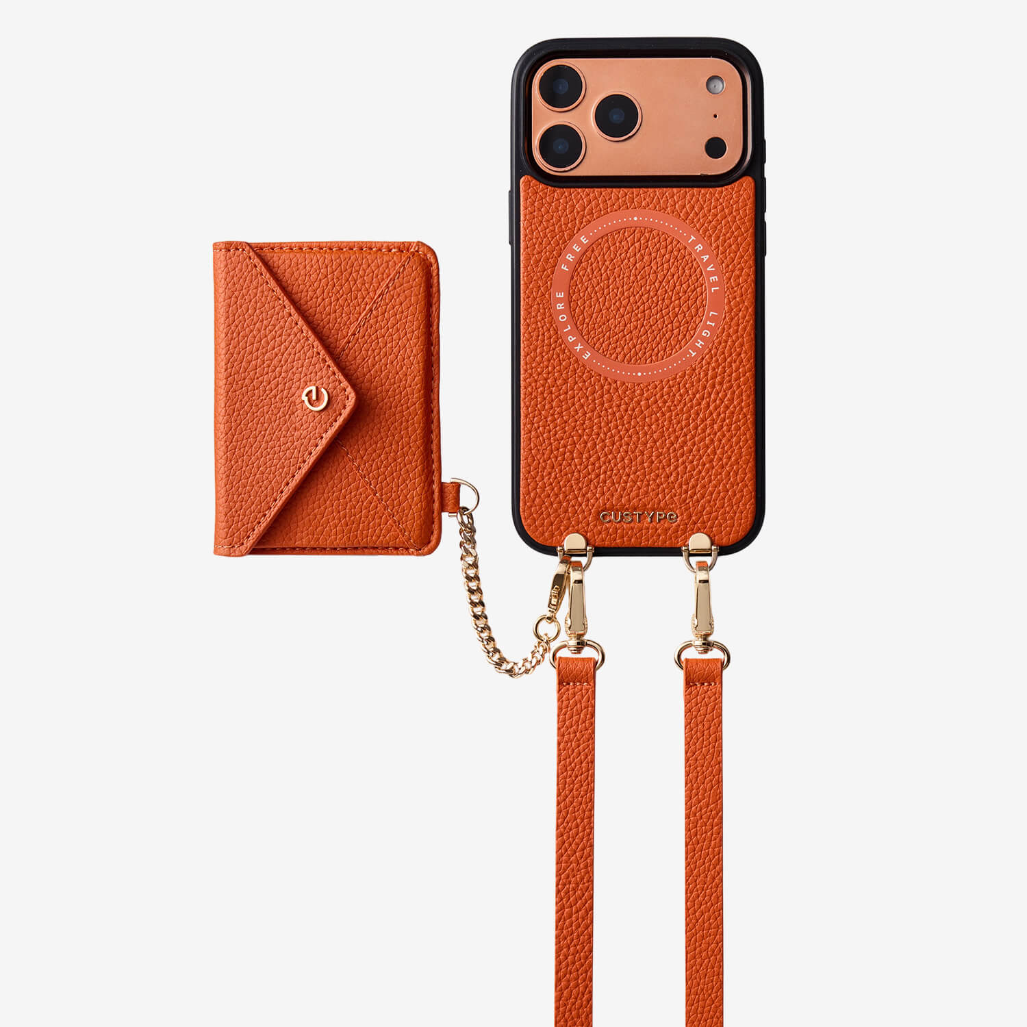 Orange leather iPhone 17 Pro Max wallet case featuring an envelope-inspired wallet and strap for shopping and errands