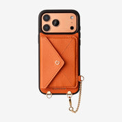 Elegant iPhone 17 Pro case with envelope wallet and gold-tone chain detail for daily carry