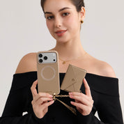 Stylish iPhone 18 Pro MagSafe case with envelope wallet design and premium gold-tone hardware