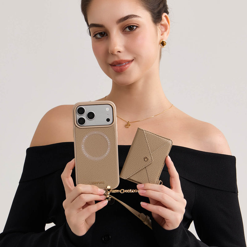 Stylish iPhone 18 Pro MagSafe case with envelope wallet design and premium gold-tone hardware