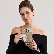 Taupe envelope card wallet with multiple card storage slots and gold-tone chain for daily outings