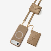 Taupe magsafe iPhone 17 Air wallet phone case with detachable magnetic wallet and Aipods pouch for everyday lifestyles
