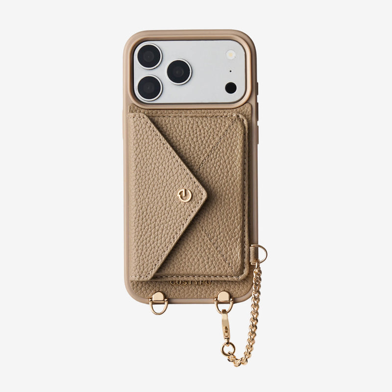 Taupe iPhone 18 Pro crossbody phone case with MagSafe envelope wallet and refined gold metal accessories