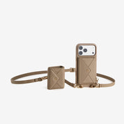 Elegant taupe iPhone 18 pro magsafe wallet phone case with envelope-inspired wallet, mini pouch, adjustable strap and gold-tone metal hardware for everyday lifestyles