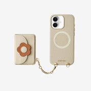 beige fashion iPhone 17 case with floral design and chain strap
