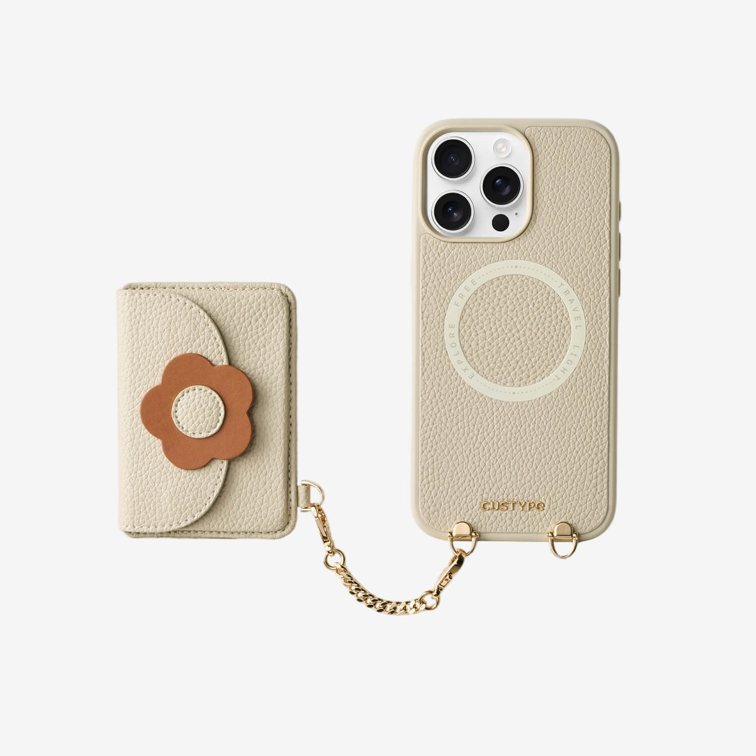 beige Phone case with floral magnetic wallet and chain strap for vacation