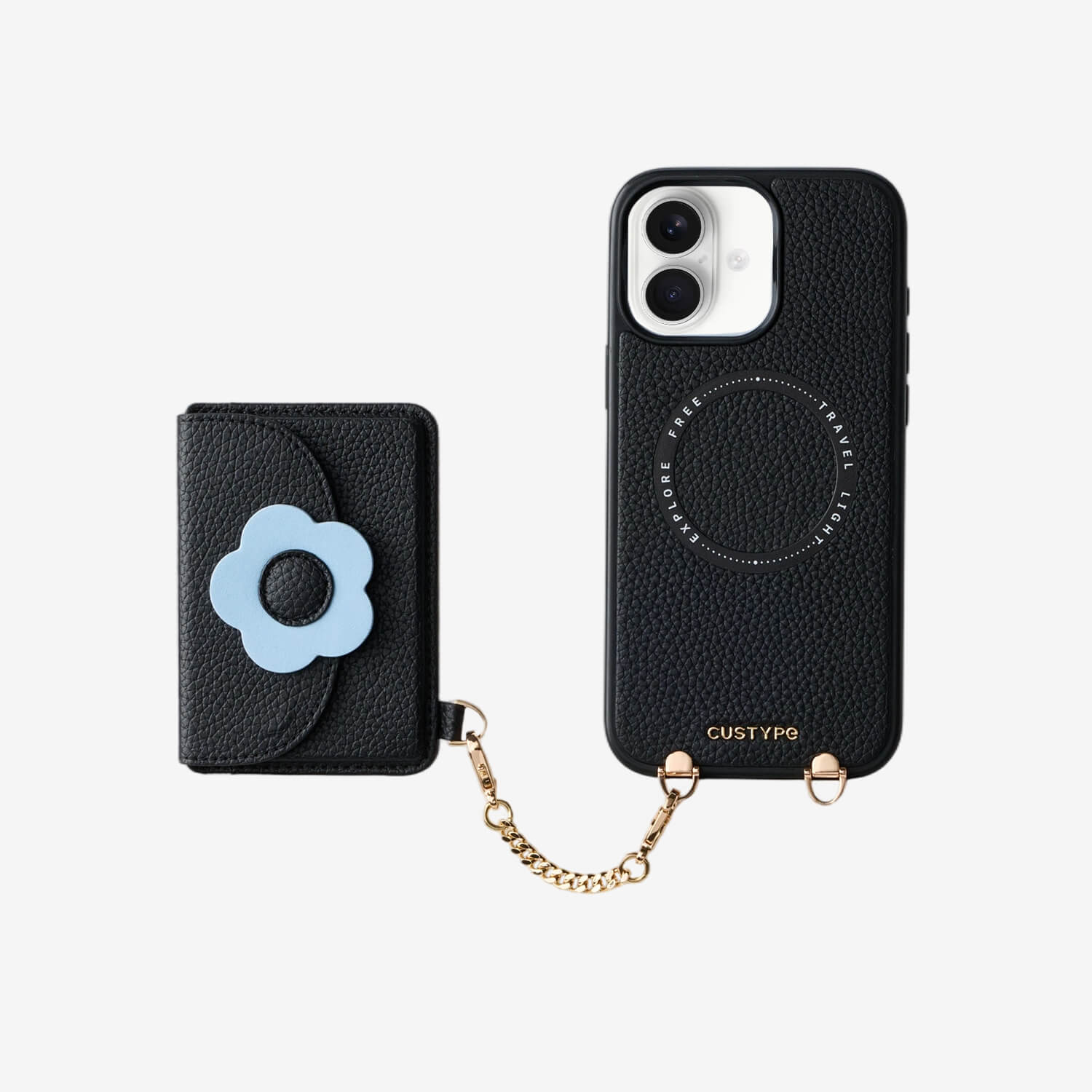 Black fashion iPhone 17 case with blue flower card holder design for travel