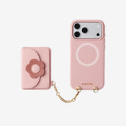 Pink floral phone case with chain and flower detail 