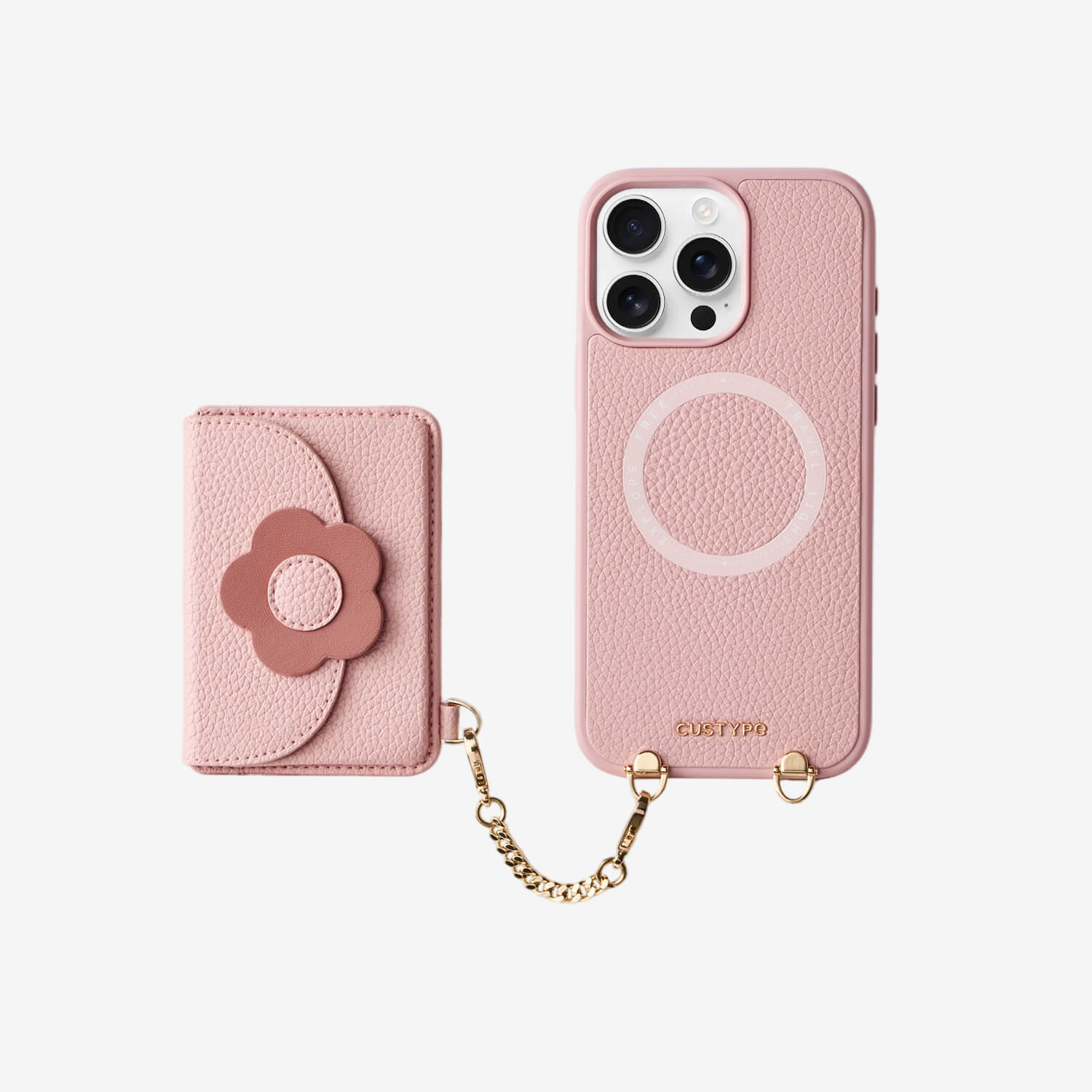 Pink iPhone 16 pro max case with floral card holder and chain for shopping