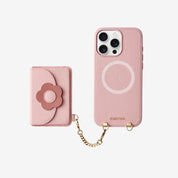 Pink iPhone 16 pro max case with floral card holder and chain for shopping