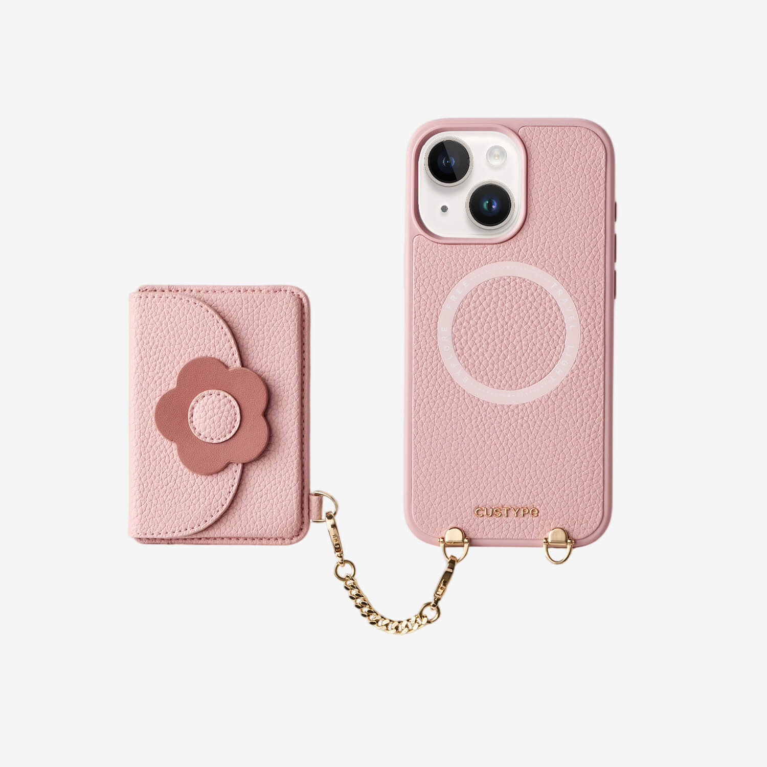 Pink Leather iPhone 15 case with floral wallet