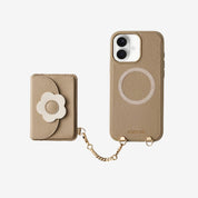 taupe Leather phone case with floral card holder and chain for daily carry