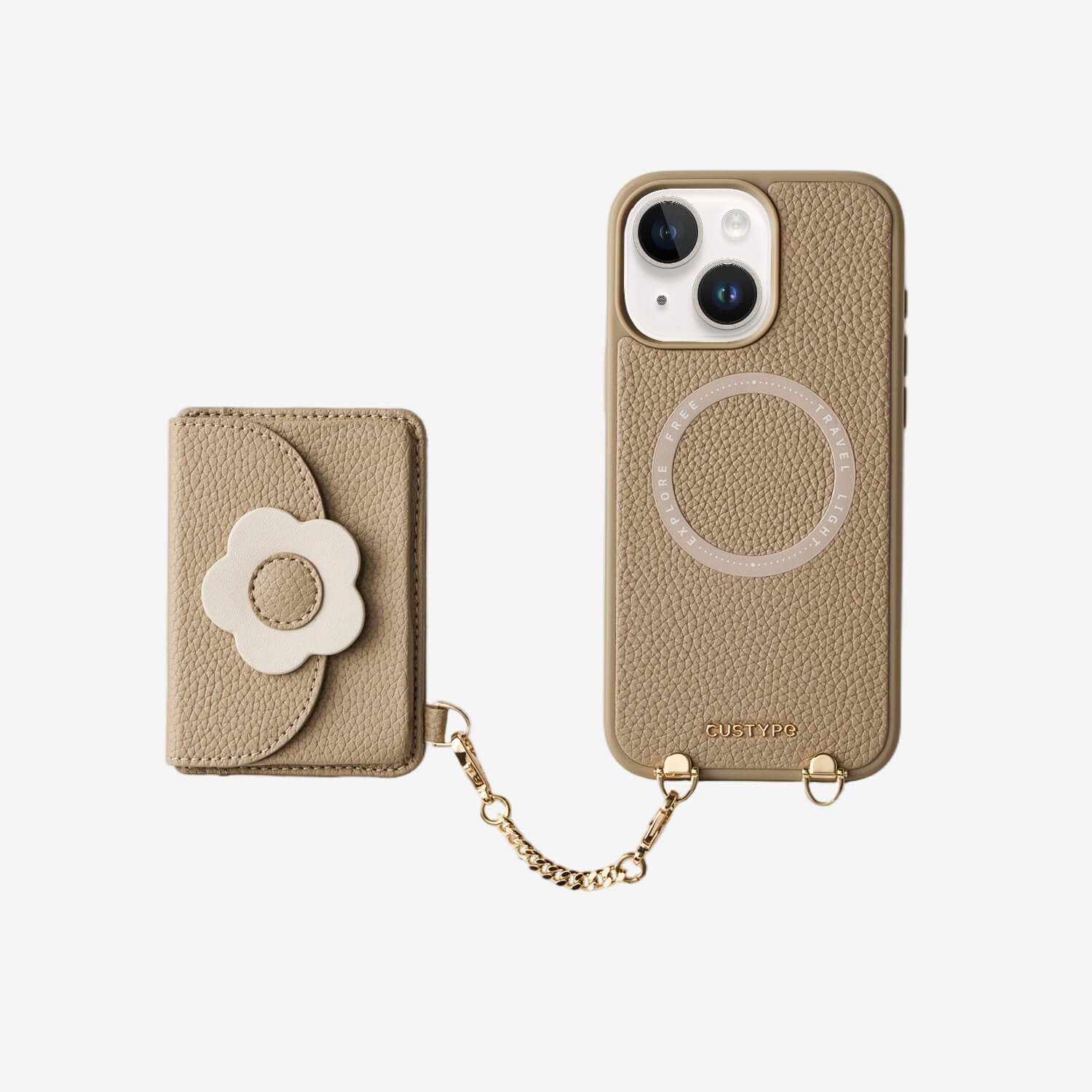 taupe Leather floral phone case with slim wallet for daily carry