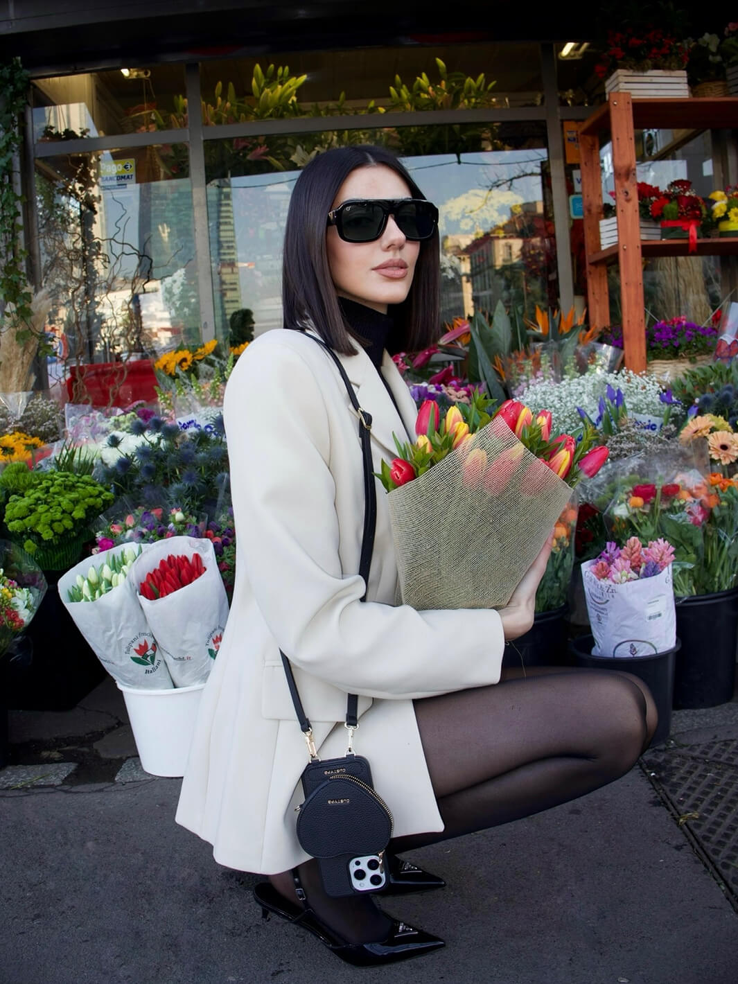 black crossbody phone case with heart pouch