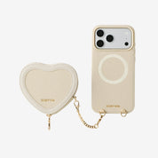 iPhone 17 pro max leather case with heart-shaped pouch and metal chain for trael