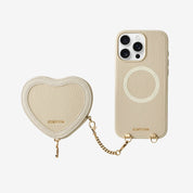 Beige iphone 16 pro max case with heart-shaped pouch and magsafe for storage