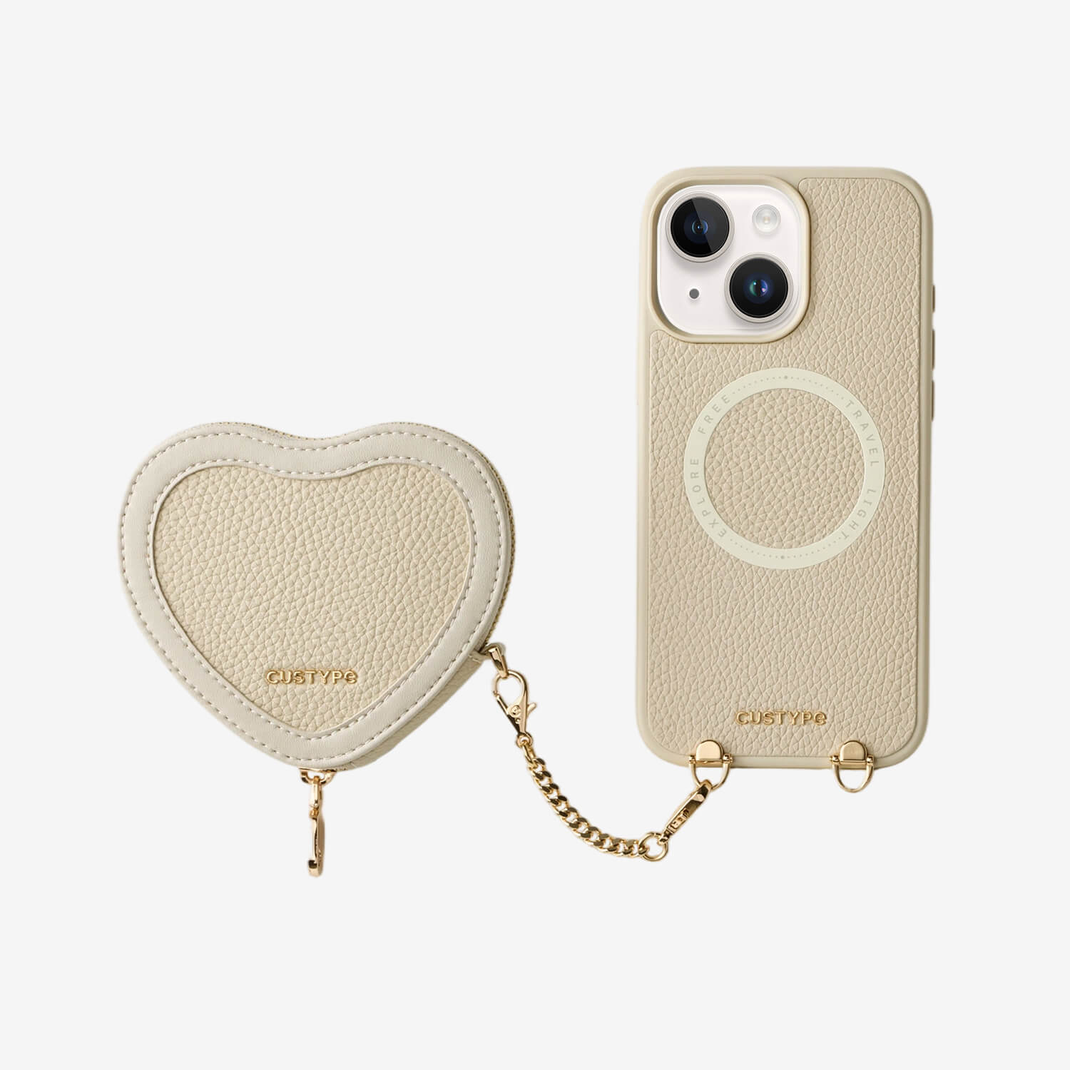 Beige iphone 15 case with heart pouch and magnetic