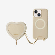 Beige iphone 15 case with heart pouch and magnetic
