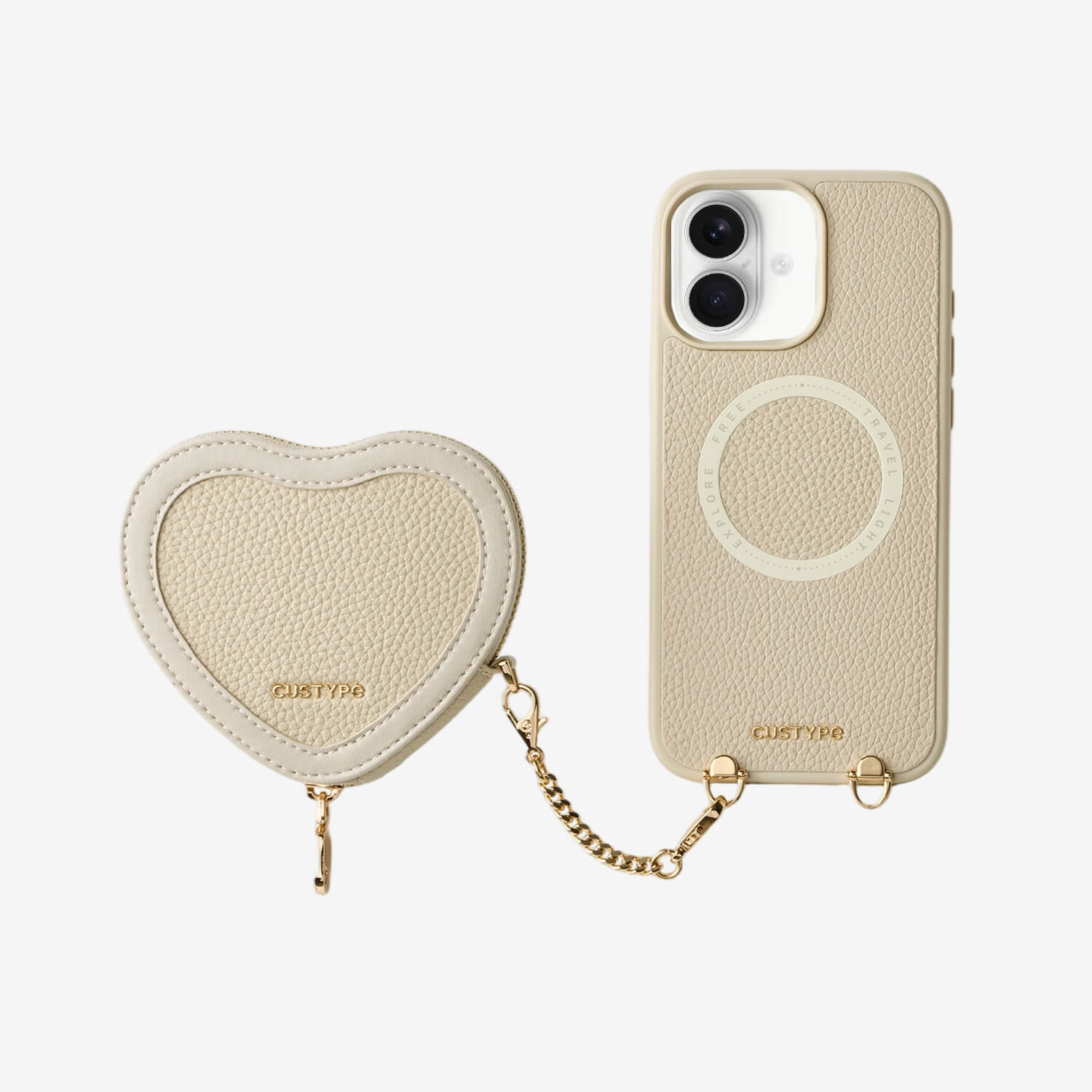 Beige Leather iphone 17 case with heart-shaped pouch and metal chain