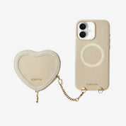 Beige Leather iphone 17 case with heart-shaped pouch and metal chain