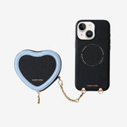 Black iphone 15 case with gold chain and heart-shaped pouch for storage and travel