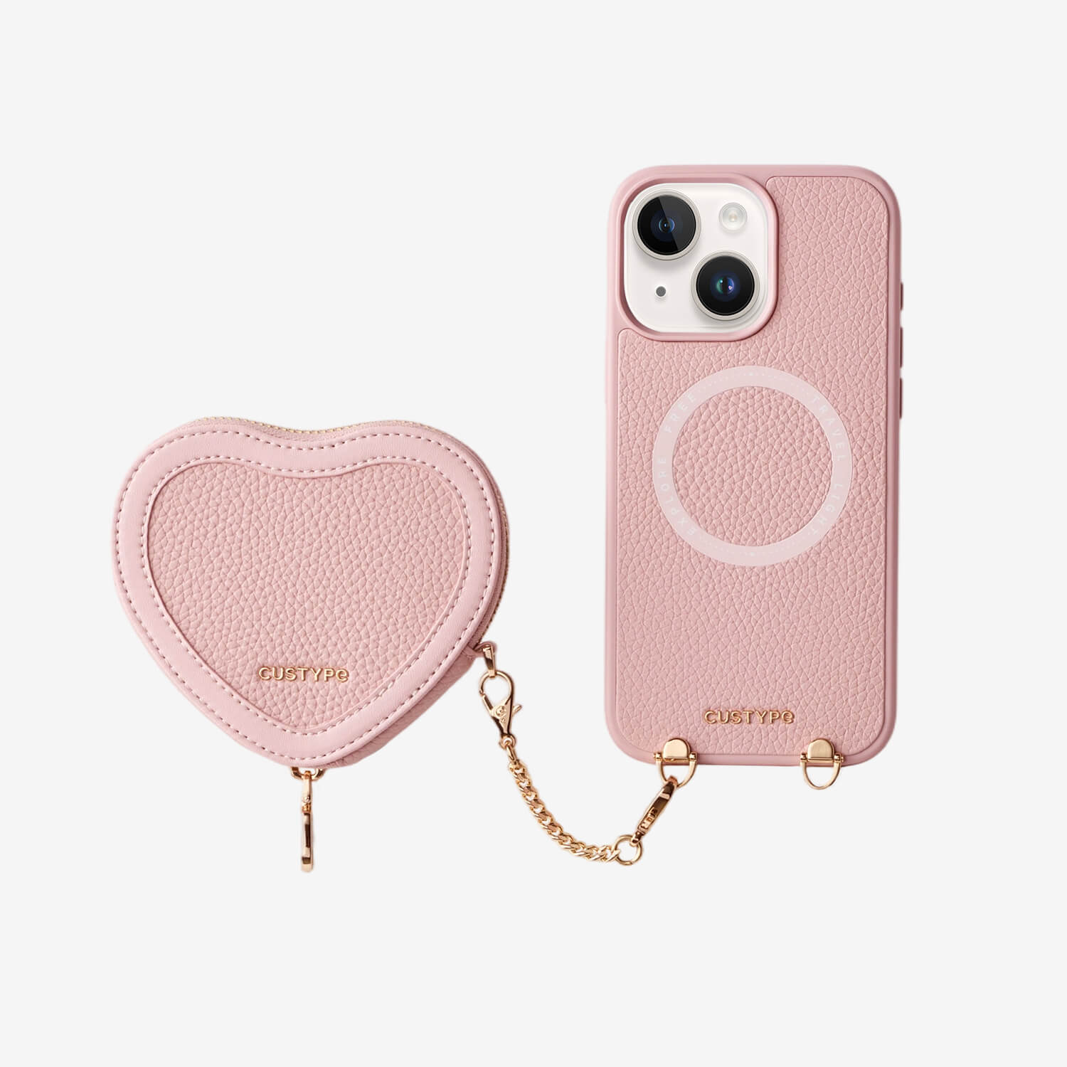 Pink iPhone 15 case with heart-shaped pouch and chain for outdoor activities