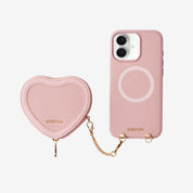 Pink luxury Leather phone case with heart-shaped pouch for storage