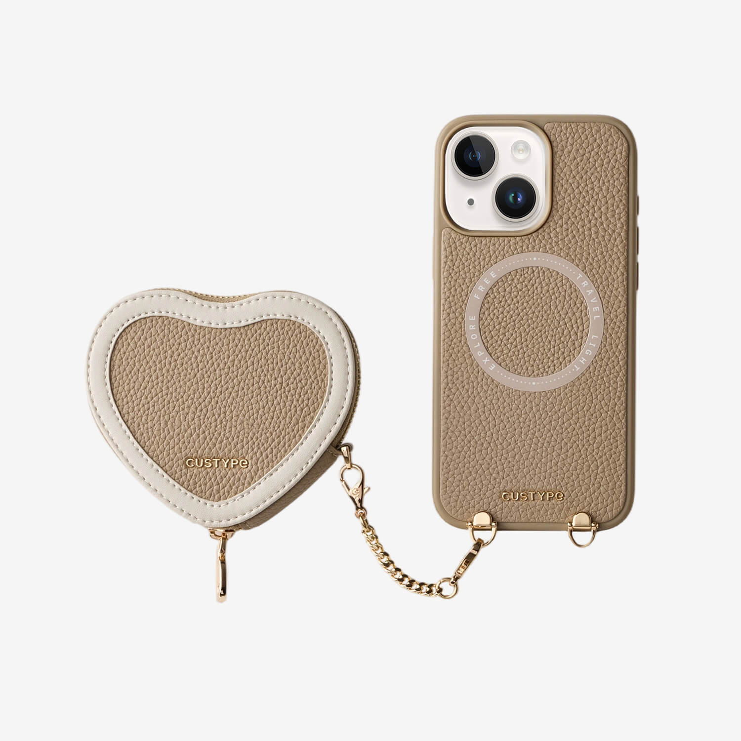 taupe premium Leather iphone 15 case with heart-shaped pouch for vacation