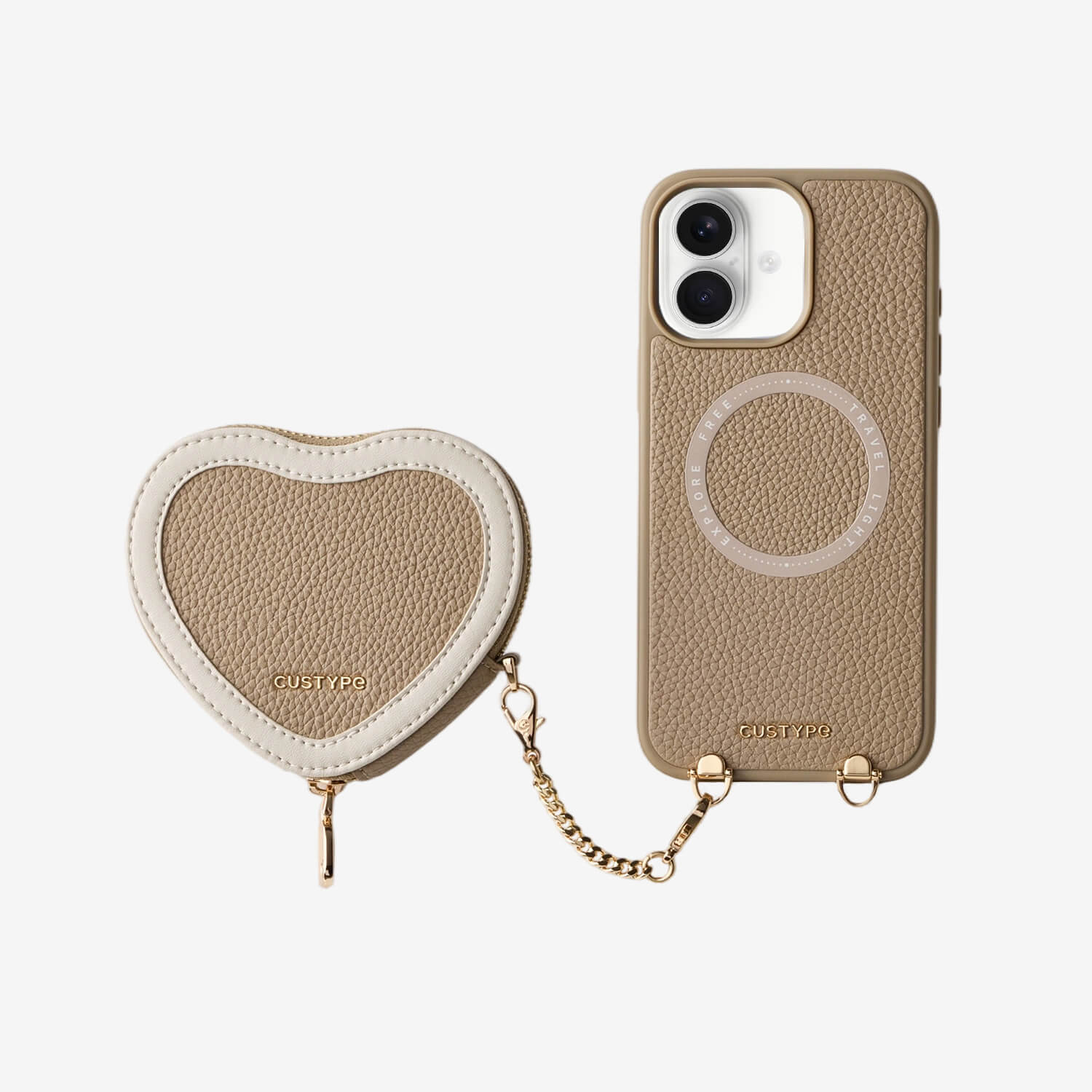 taupe phone case with detachable heart-shaped pouch for datly carry
