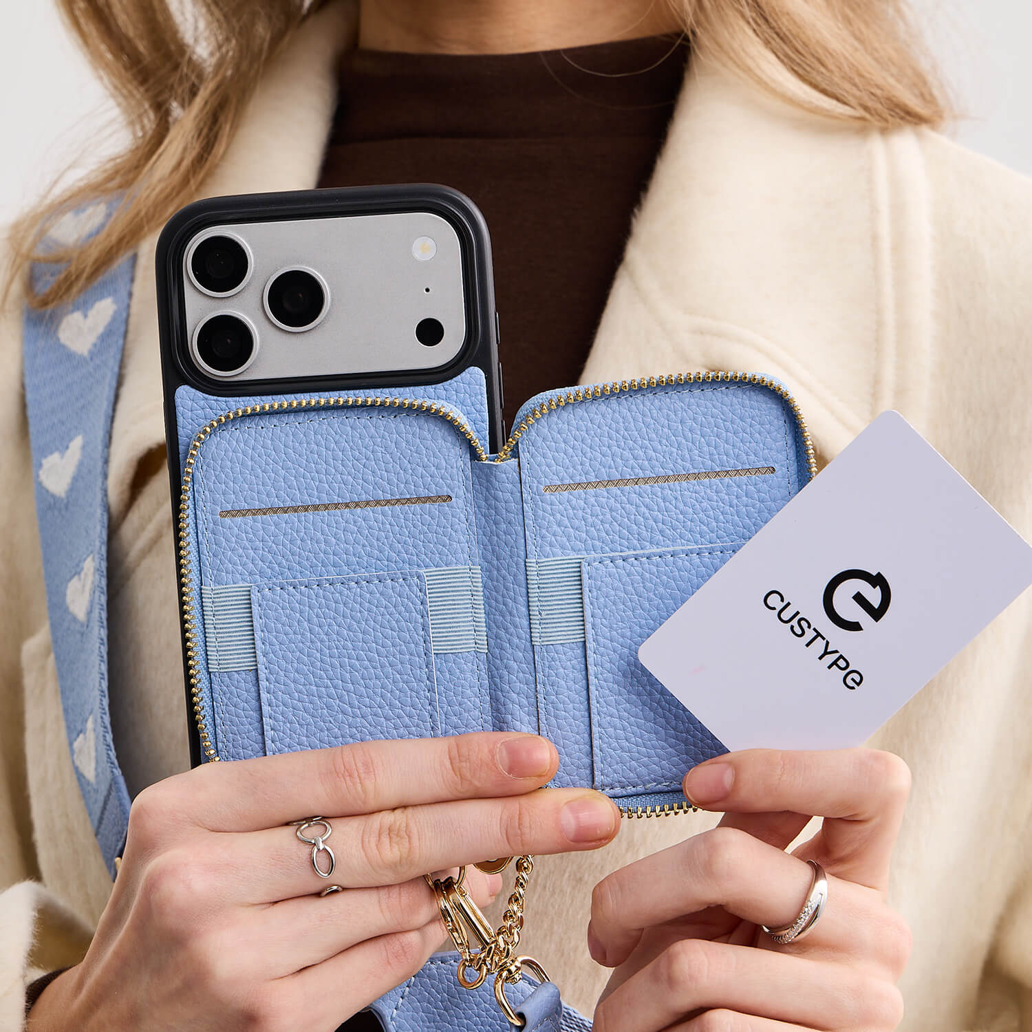 オリジナルデザインセット - マグネット式ウォレット＆ウェビングストラップ付きiPhoneケース