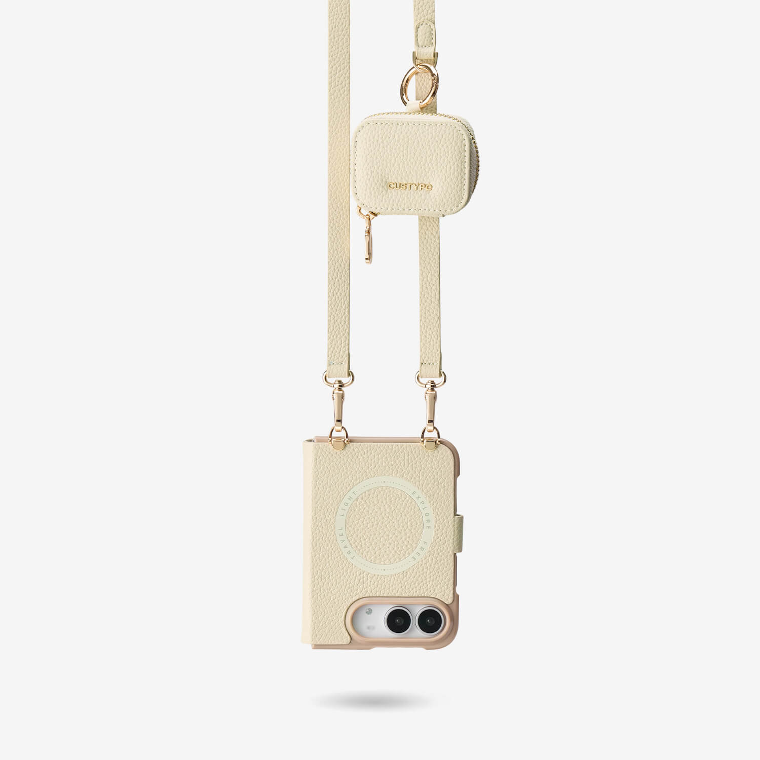 Beige leather iPhone DUO case with detachable shoulder strap and zipper AirPods storage pouch