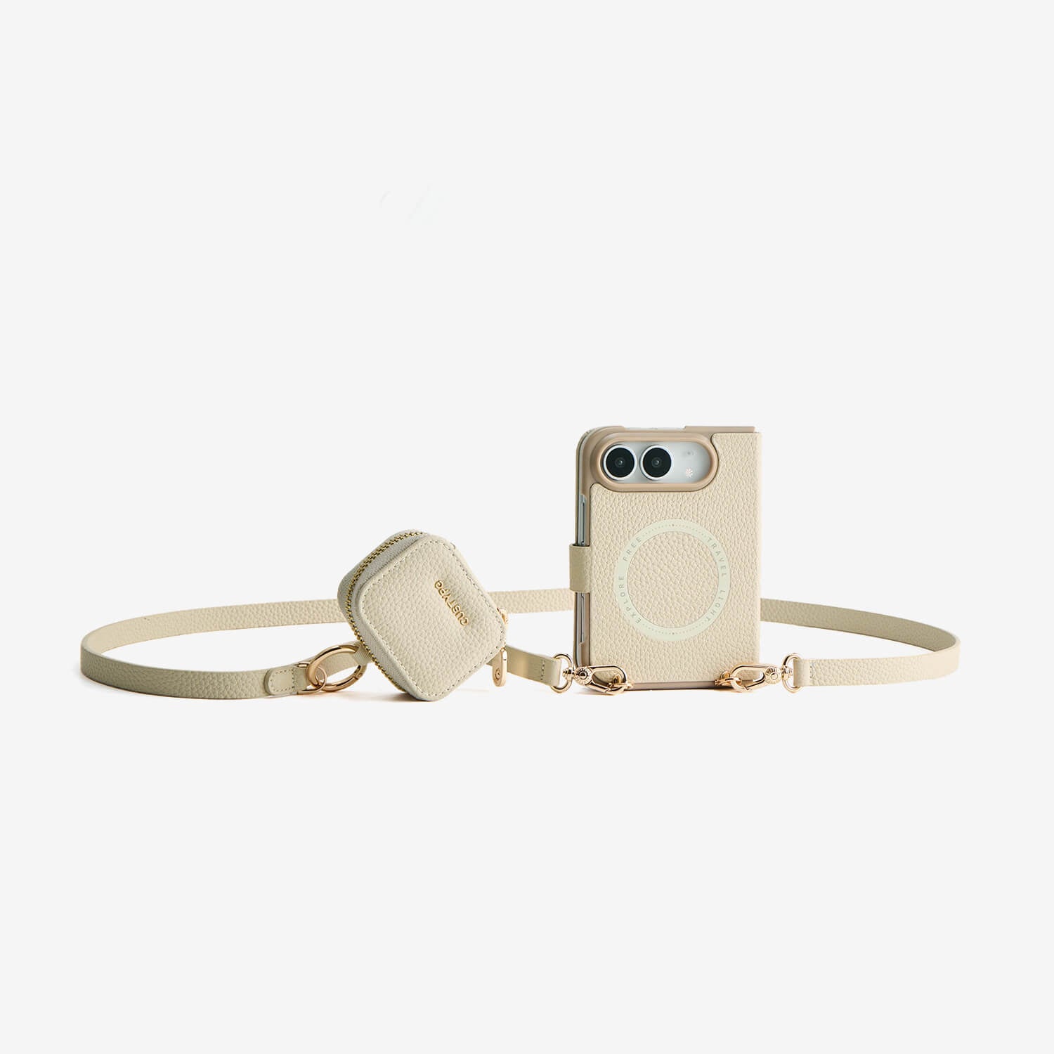 Beige iPhone DUO case with leather finish, detachable strap and compact AirPods pouch for on-the-go convenience