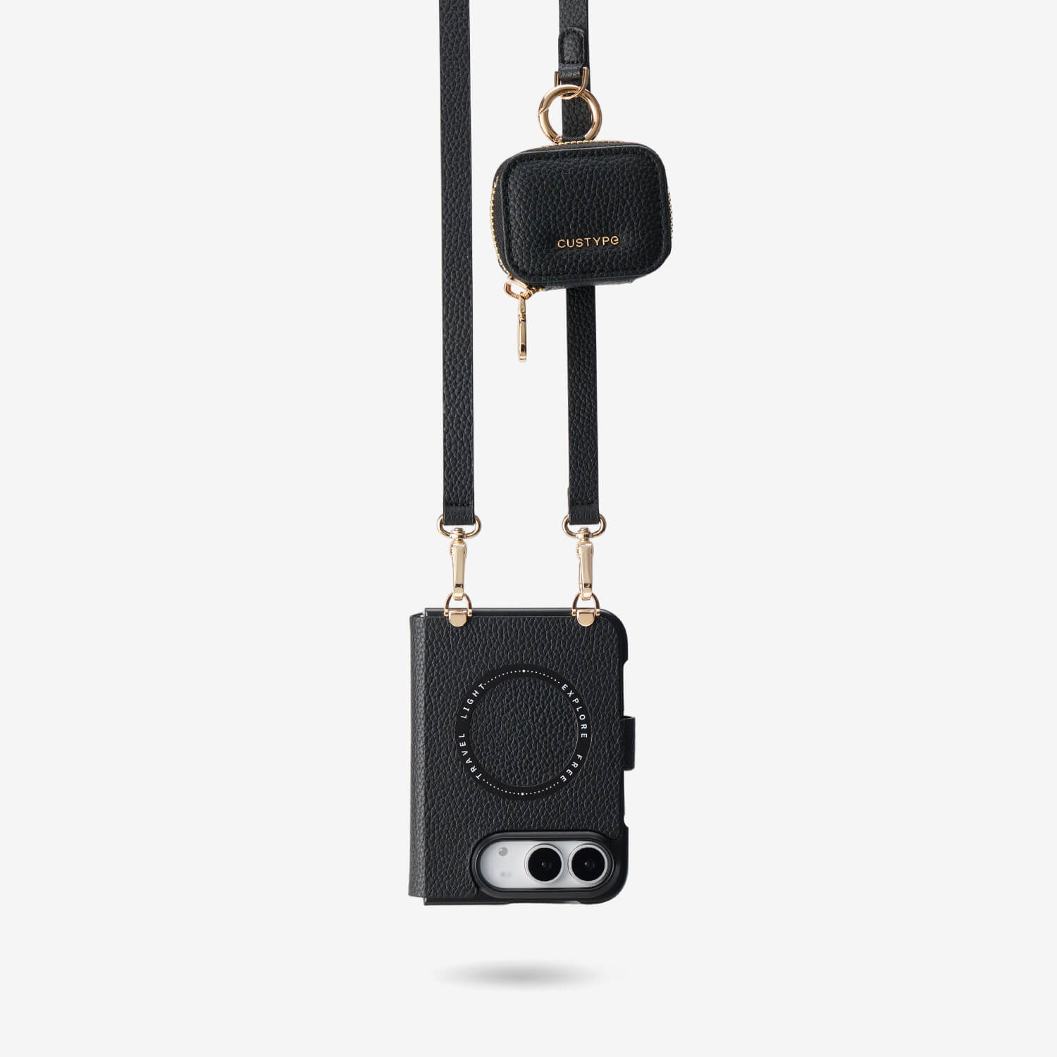 Black iPhone DUO MagSafe case featuring a detachable strap, leather texture and AirPods accessory pouch