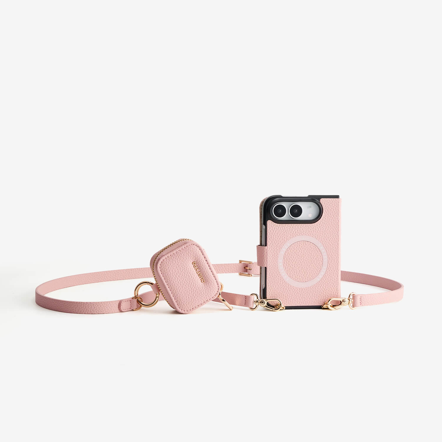 iPhone DUO case featuring a detachable AirPods pouch, leather finish and versatile carrying options