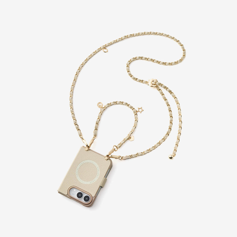 Beige iPhone Duo MagSafe case with detachable crossbody chain strap, leather finish and elegant gold hardware for daily carry