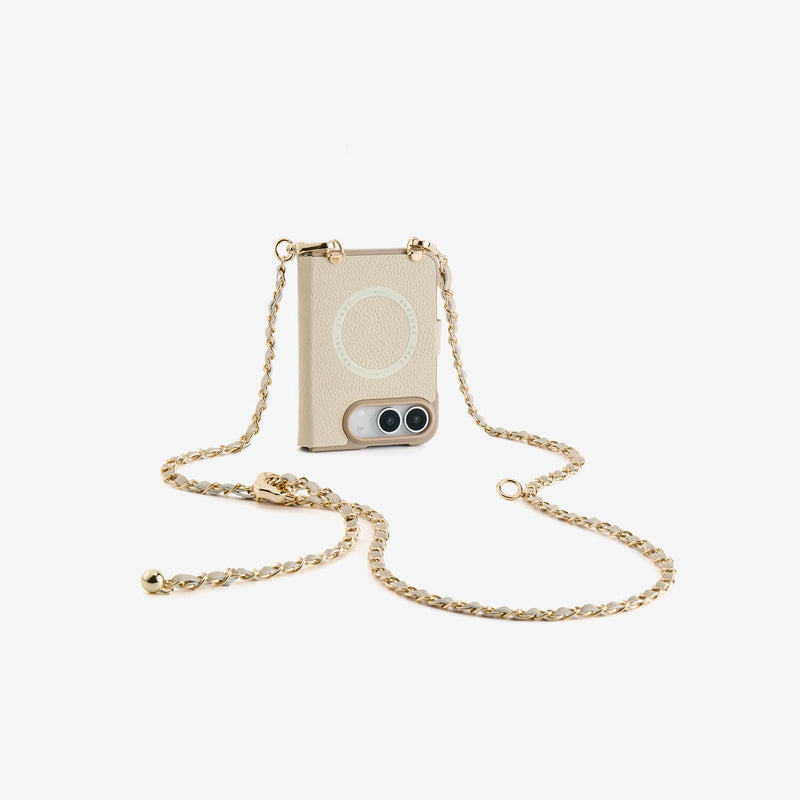 Elegant beige iPhone Duo MagSafe case with crossbody chain strap for commuting and travel